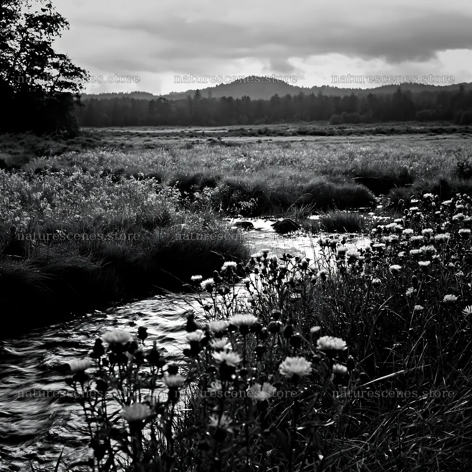 High contrast wildflower stream with meadow and mountains – nature scenes 7938x7938