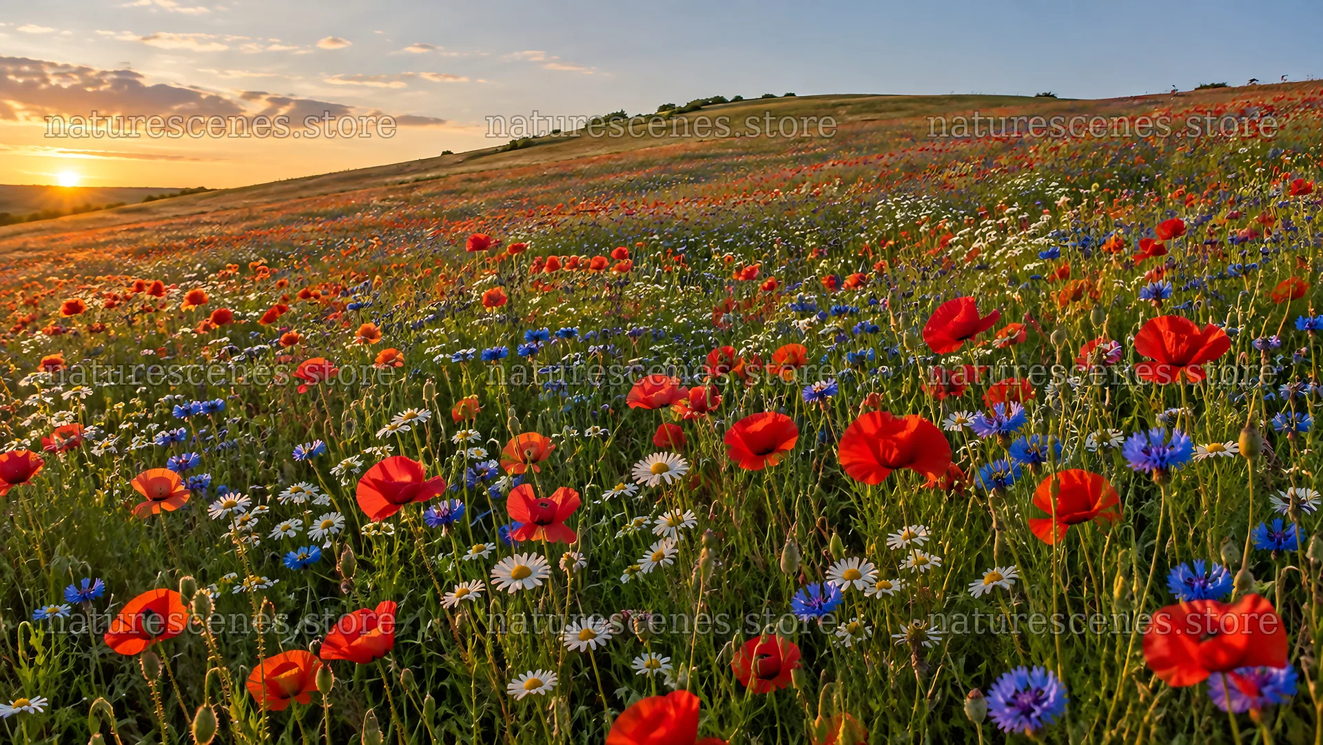 Wildflower Meadow on a Rolling Hill at Sunset – nature scenes 10324x5812