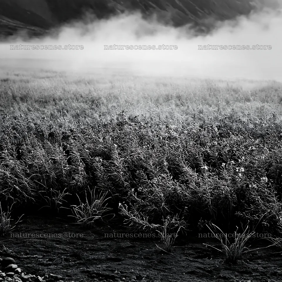 Frozen tarn meadow with mist rising from the ground – nature scenes 7938x7938