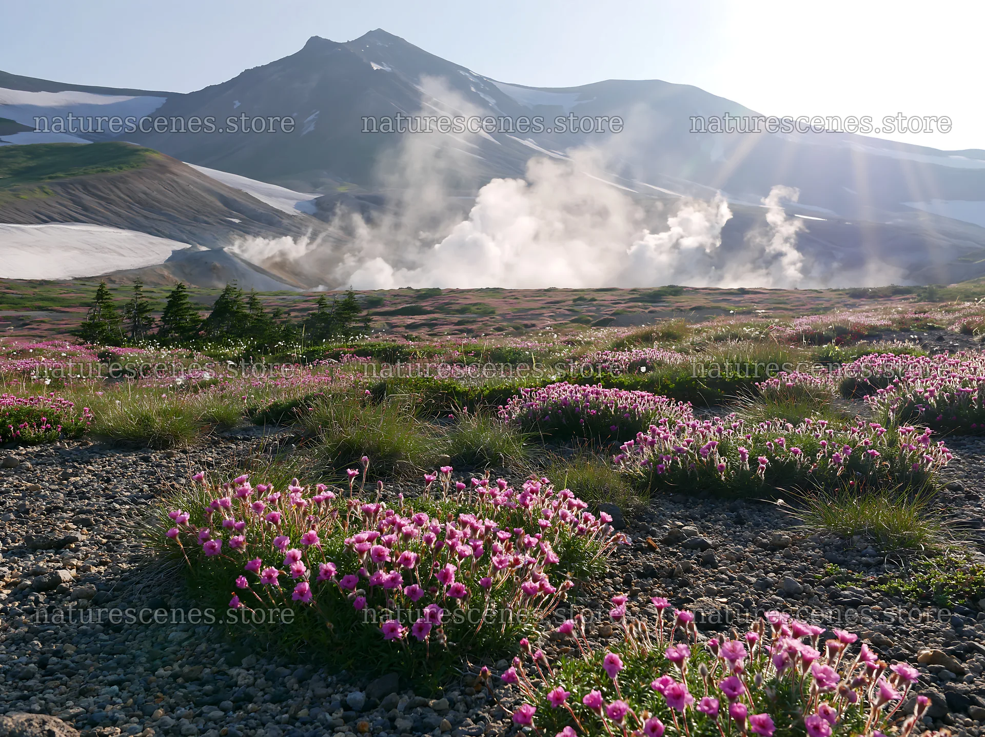 Daisetsuzan alpine meadow with light rays and flowers – nature scenes 9174x6866