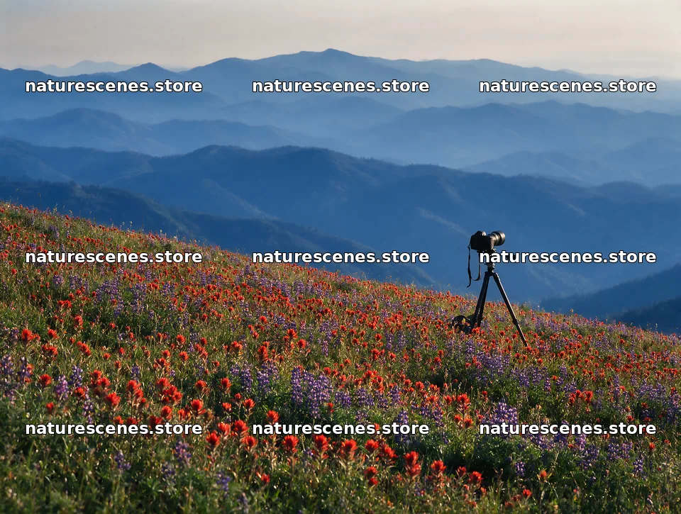 Paintbrush lupine meadow with camera on tripod – nature scenes 9134x6898
