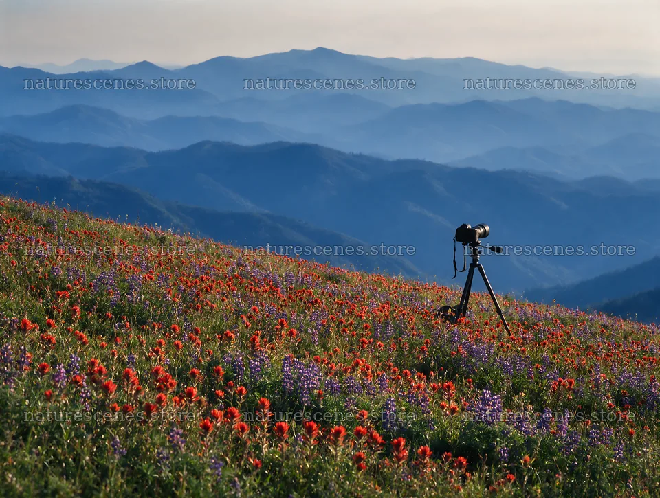 Paintbrush lupine meadow with camera on tripod – nature scenes 9134x6898