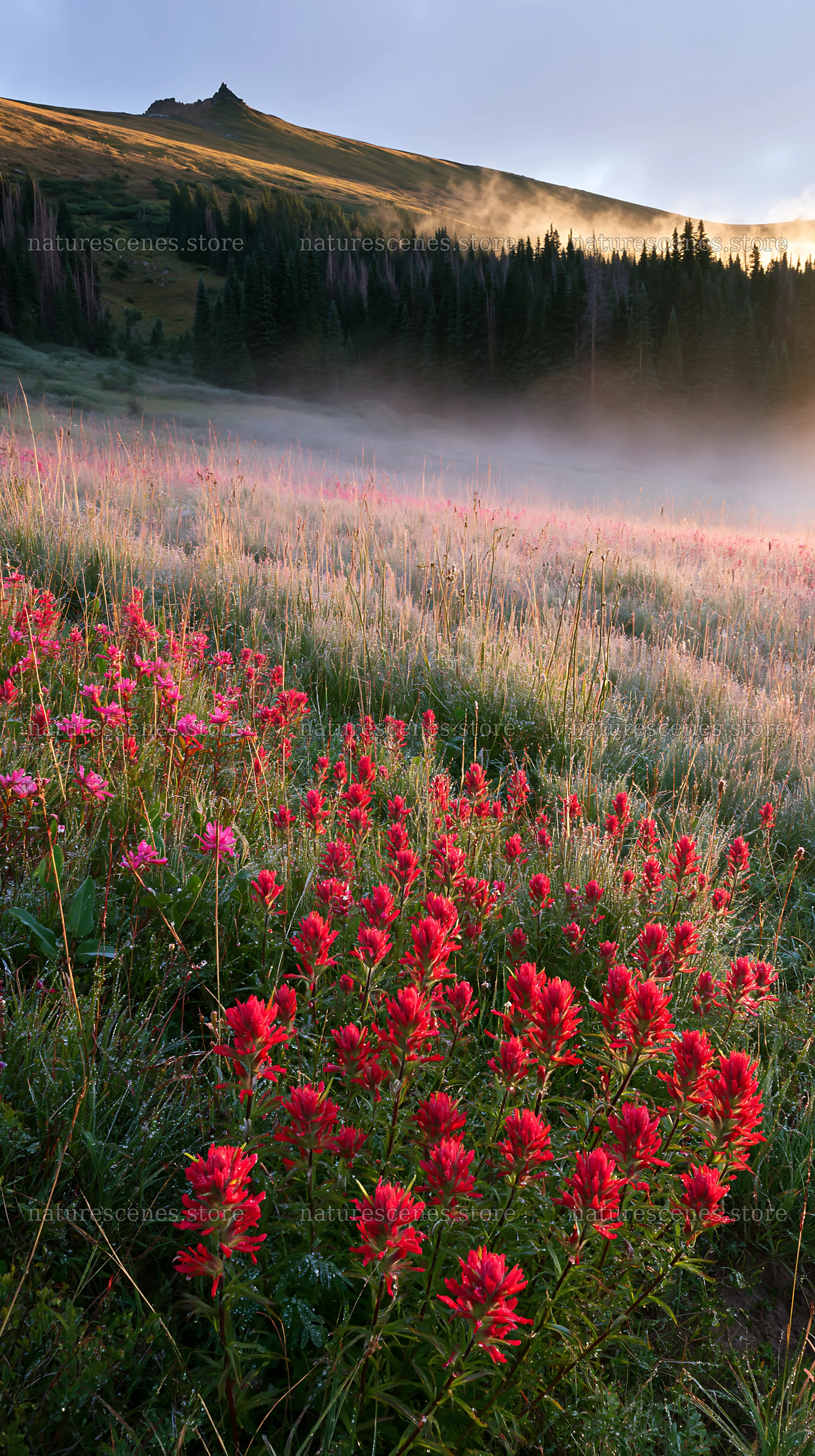 Snowy Rocky Mountain Park meadow with blooming red flowers – nature scenes 5938x10608