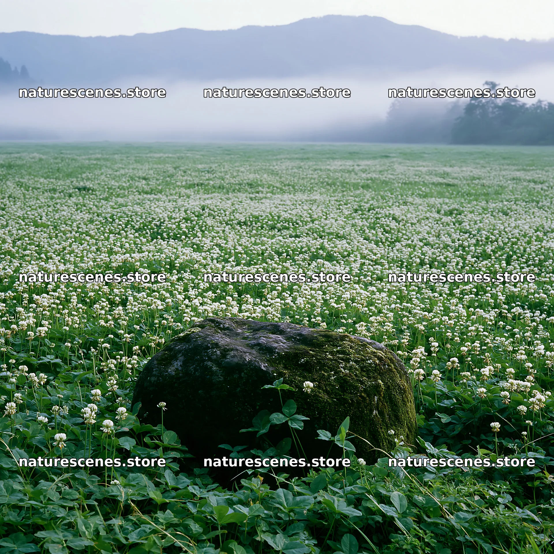Miyagi spring recovery meadow mossy stone in a misty landscape – nature scenes 7938x7938