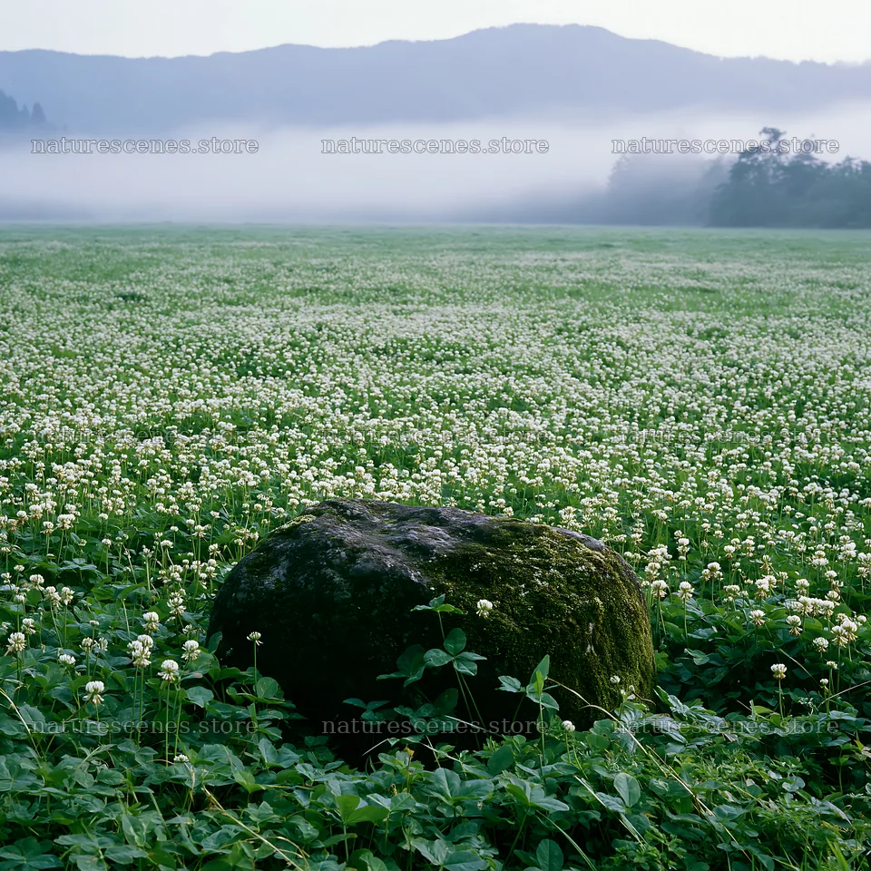 Miyagi spring recovery meadow mossy stone in a misty landscape – nature scenes 7938x7938