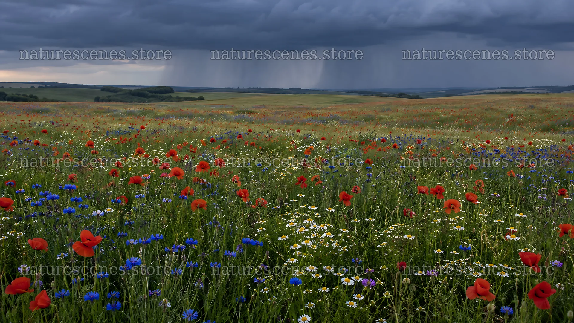 Wildflower meadow under a dark storm sky – nature scenes 10324x5812