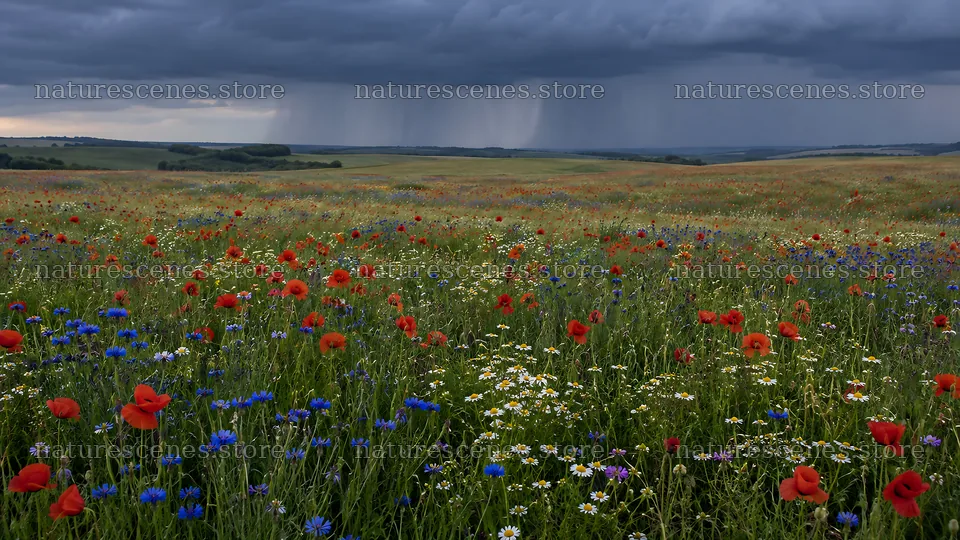 Wildflower meadow under a dark storm sky – nature scenes 10324x5812