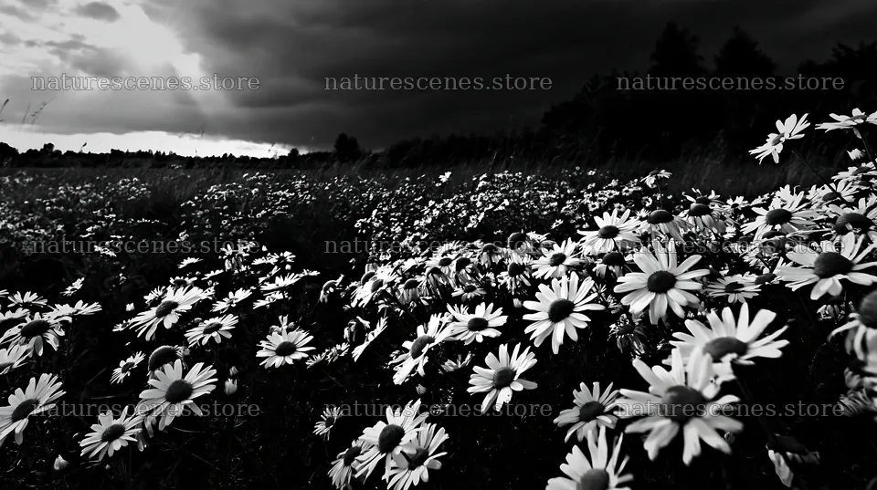 Chamomile flowers in a meadow with dark clouds above – nature scenes 10608x5938