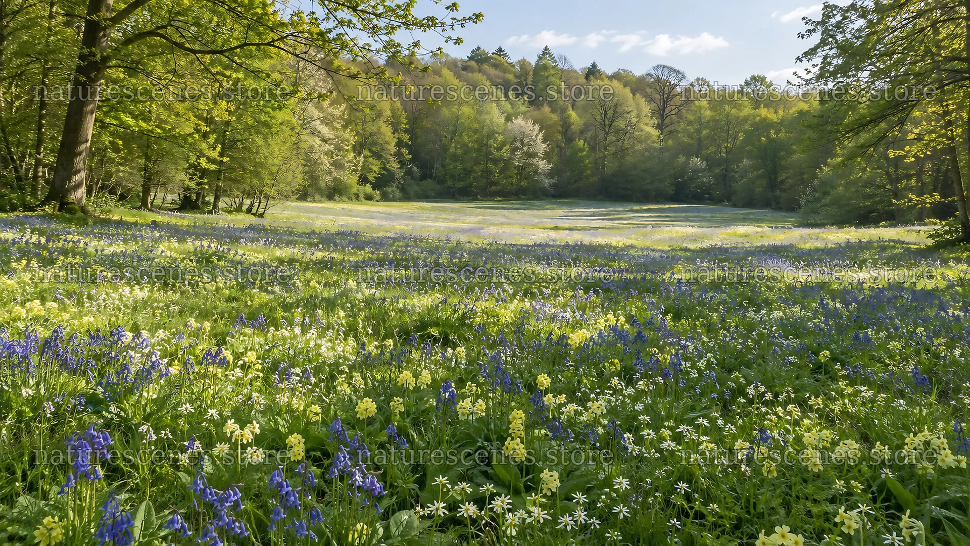 Spring Wildflowers in a Sunlit Forest Clearing – nature scenes 10324x5812