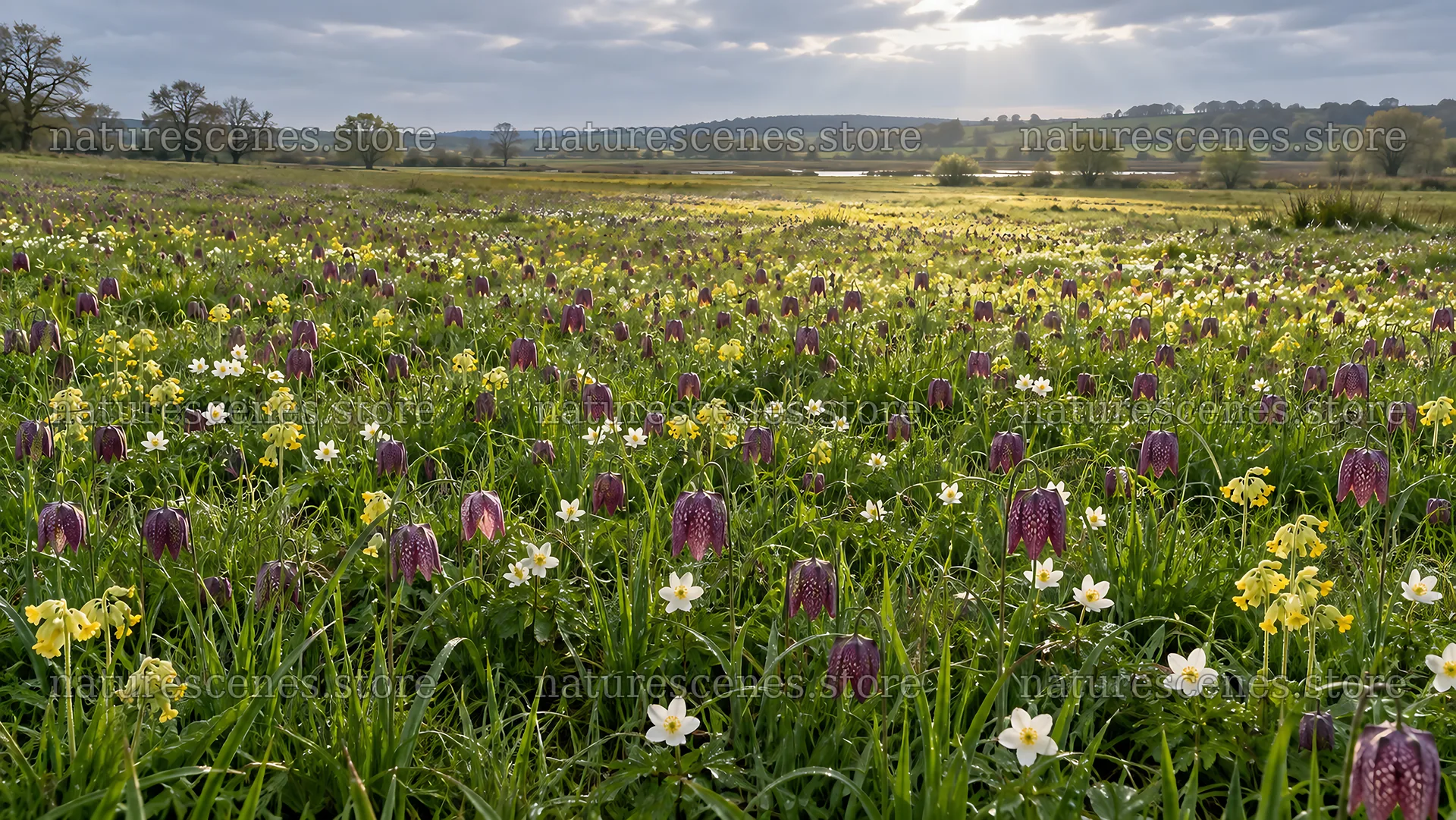 Spring wildflowers in a sunlit meadow – nature scenes 10324x5812