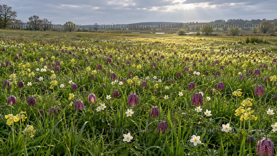 Spring wildflowers in a sunlit meadow – nature scenes 10324x5812