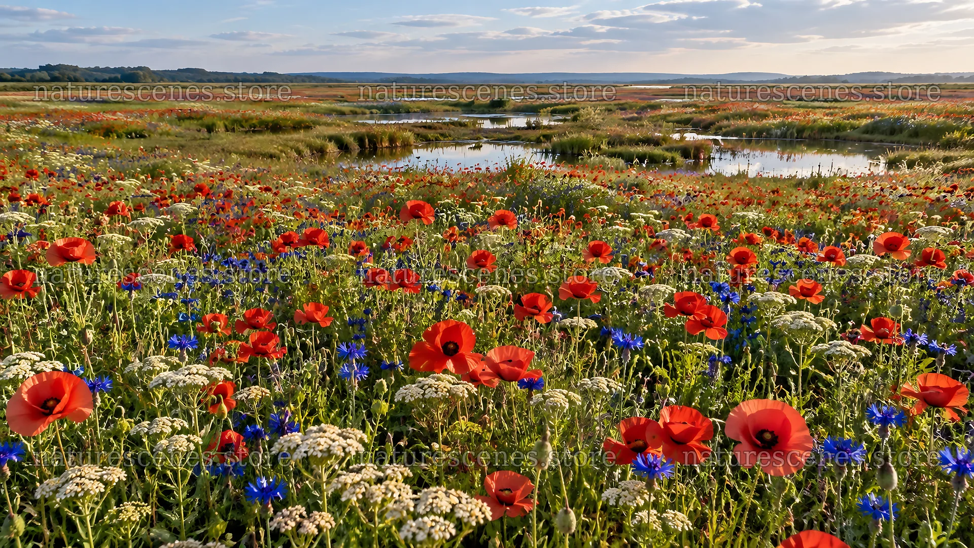 Poppies and Wildflowers Beside a Wetland – nature scenes 10324x5812