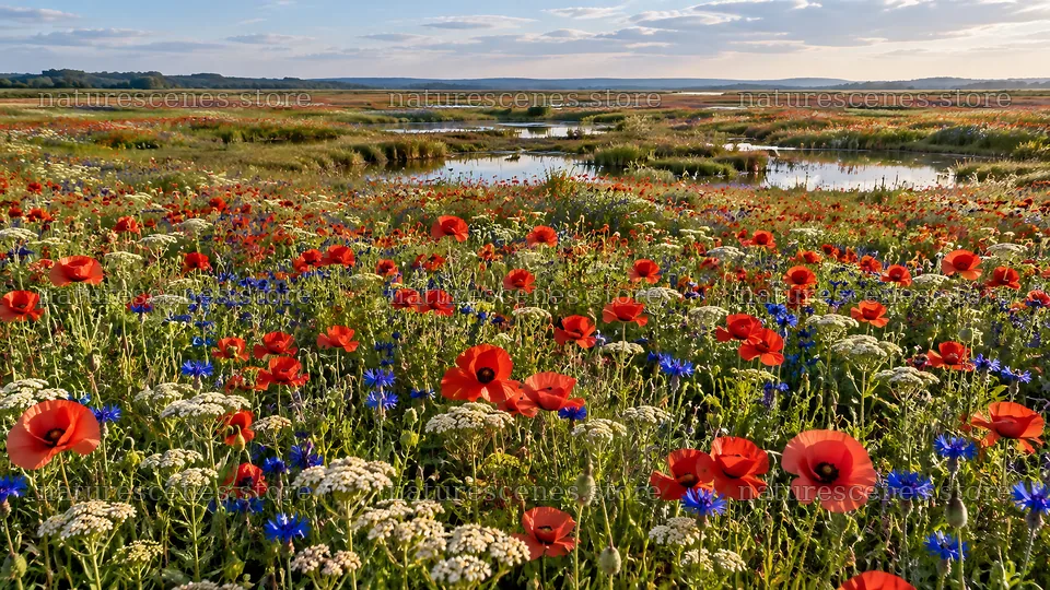 Poppies and Wildflowers Beside a Wetland – nature scenes 10324x5812