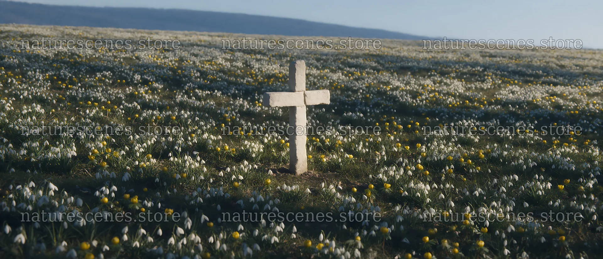 Christian cross in winter meadow under low sunlight – nature scenes 12094x5210