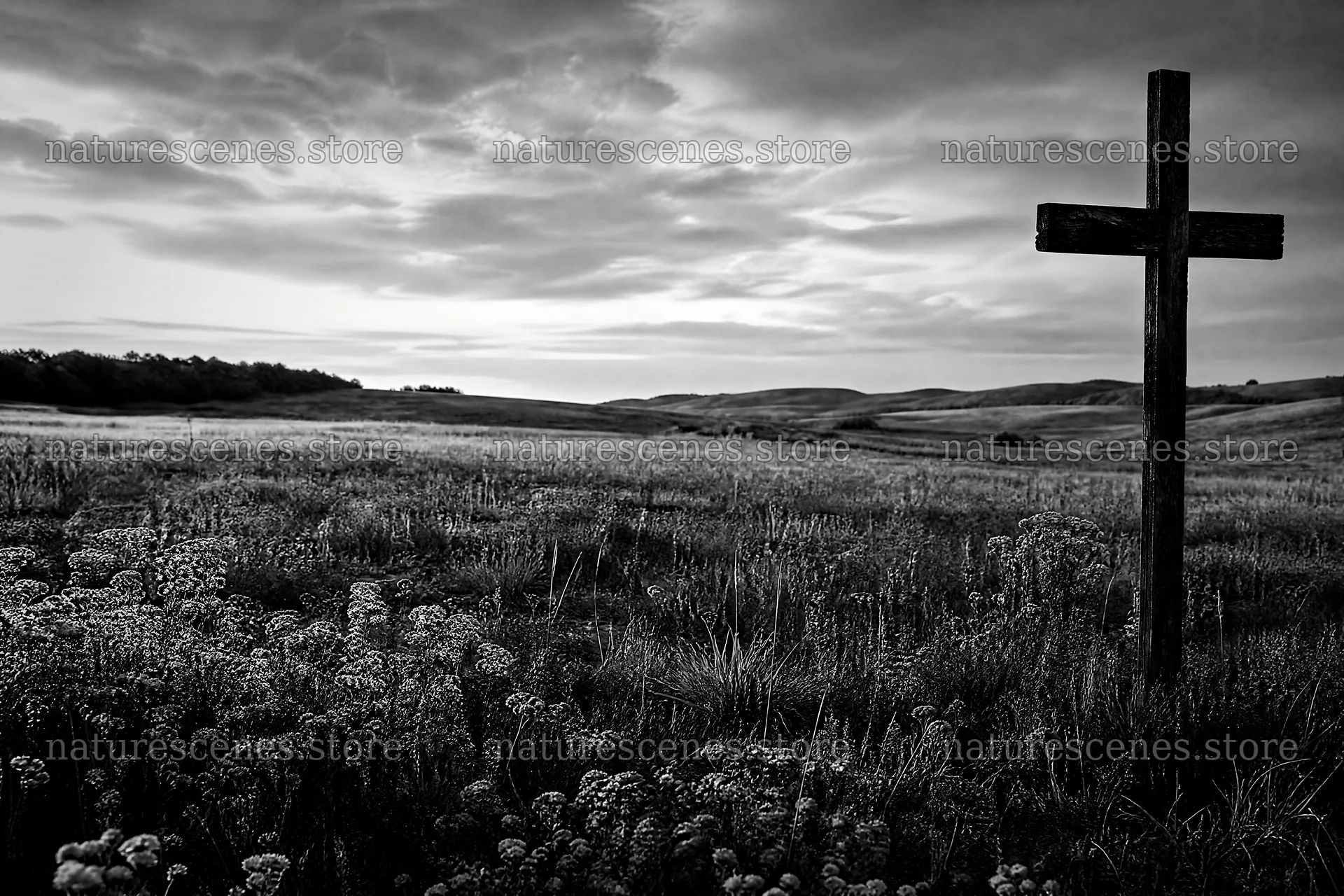 Christian cross in autumn meadow with light rays – nature scenes 9722x6480