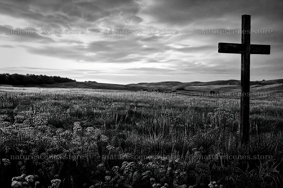 Christian cross in autumn meadow with light rays – nature scenes 9722x6480