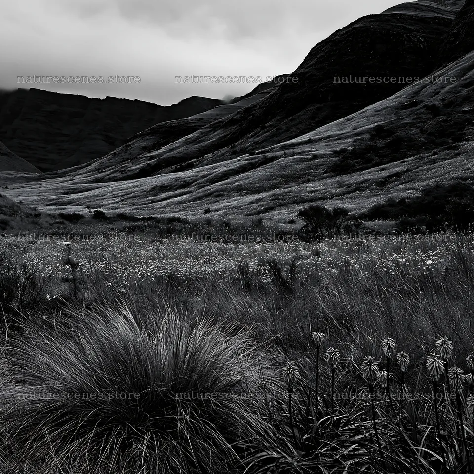 Biodiverse meadow with hills and plants in black and white – nature scenes 7938x7938