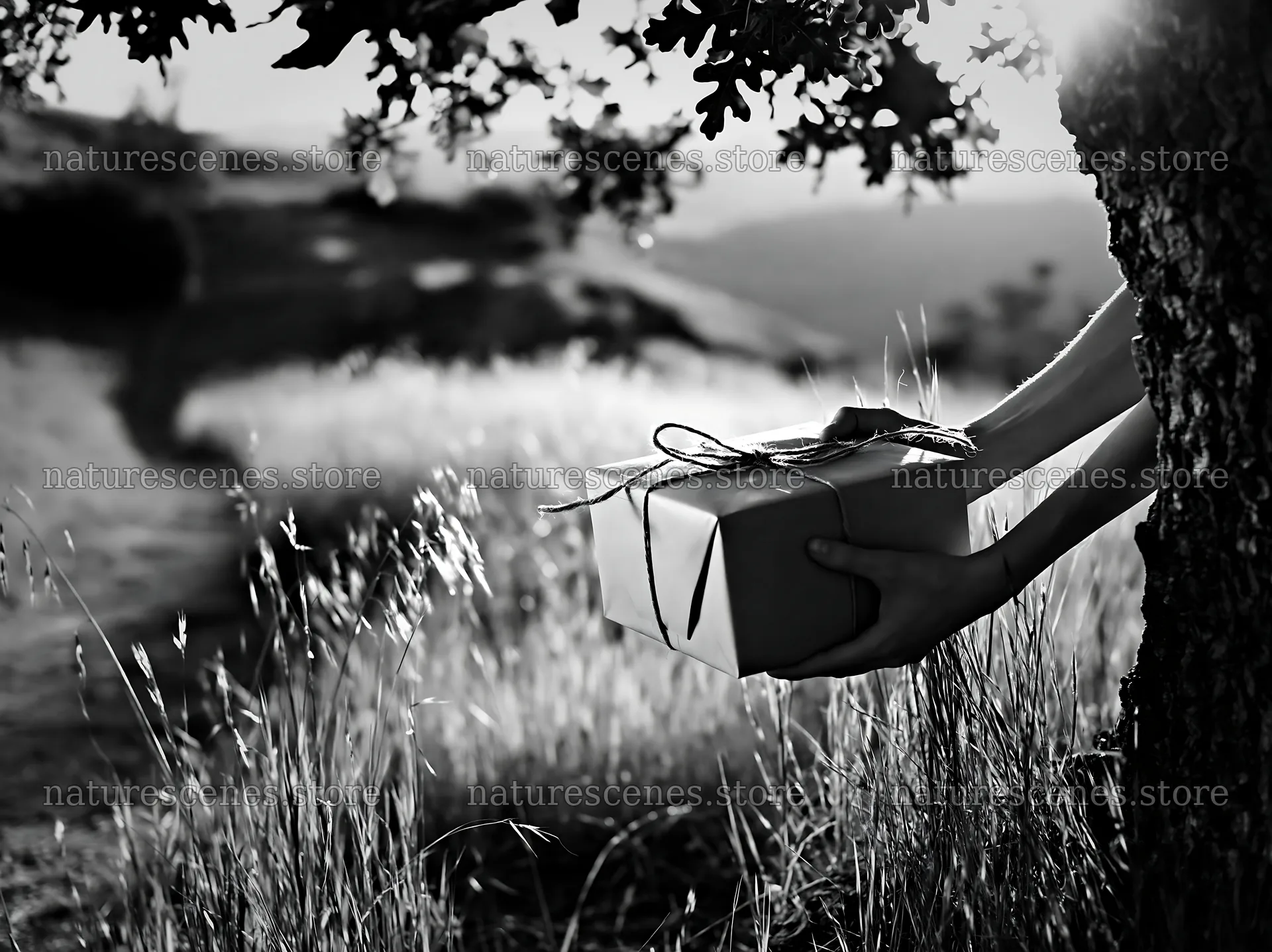 Gift being placed by a tree in a natural setting – nature scenes 9174x6866