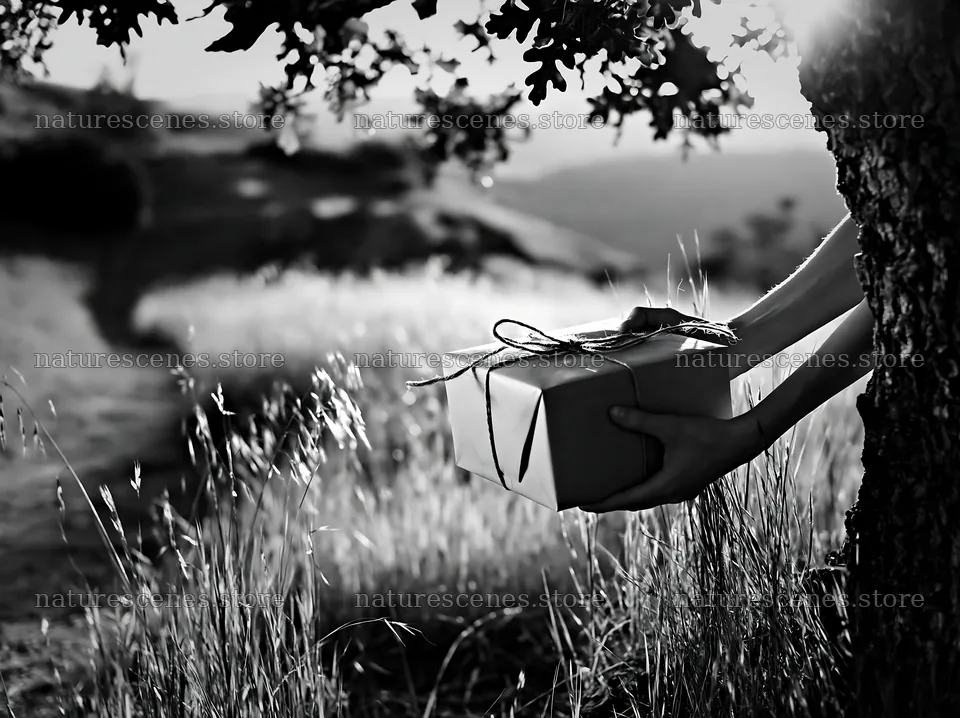 Gift being placed by a tree in a natural setting – nature scenes 9174x6866