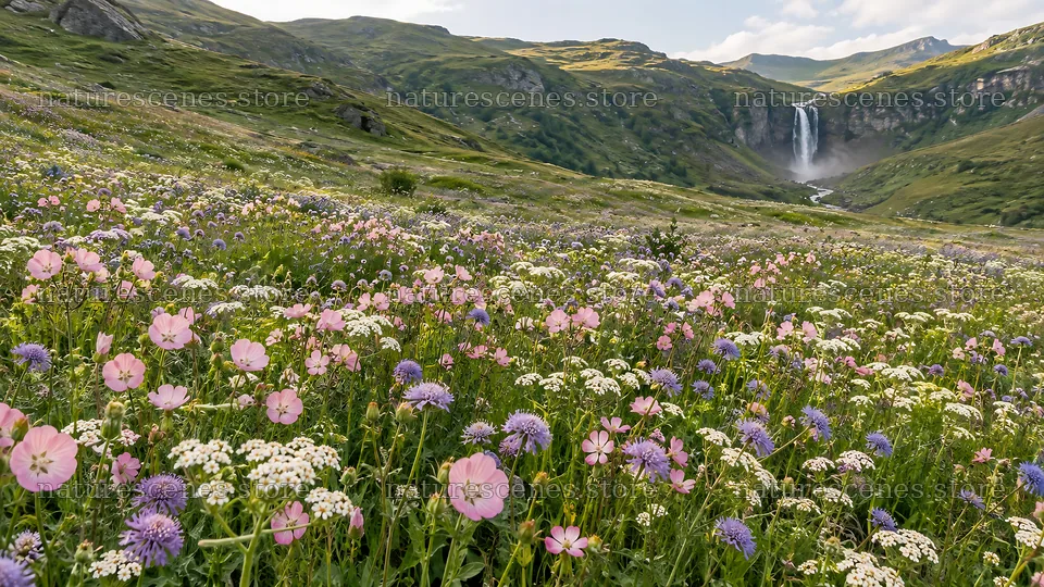 Wildflower Meadow Below a Mountain Waterfall – nature scenes 10324x5812