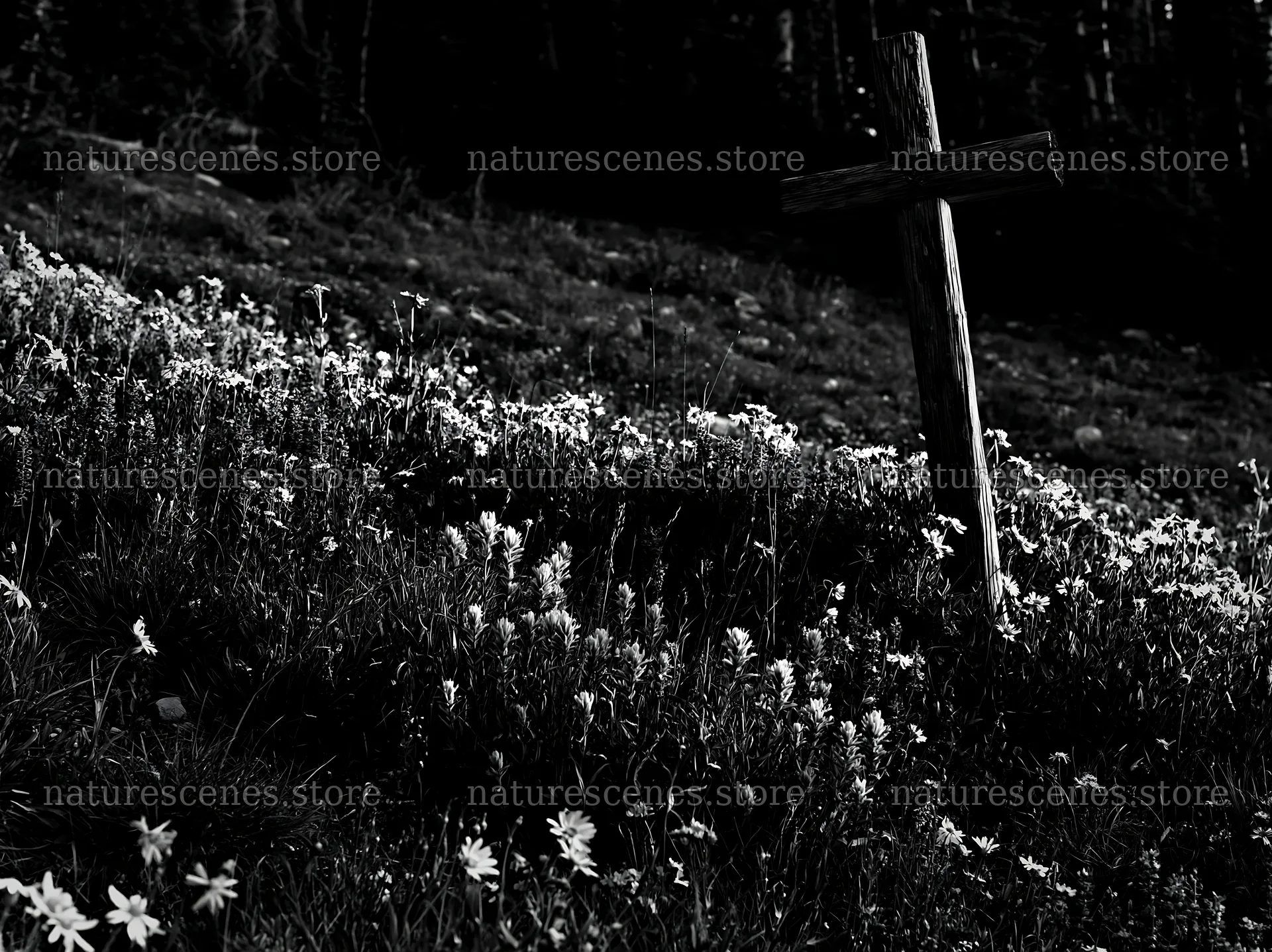 Wooden cross in mountain meadow surrounded by flowers – nature scenes 9174x6866