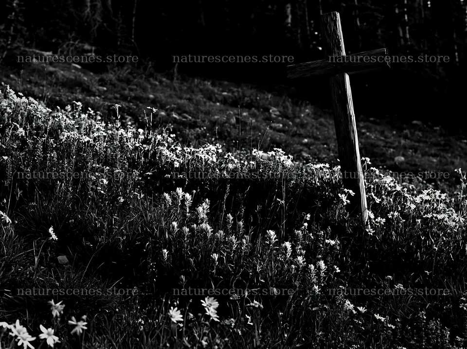 Wooden cross in mountain meadow surrounded by flowers – nature scenes 9174x6866