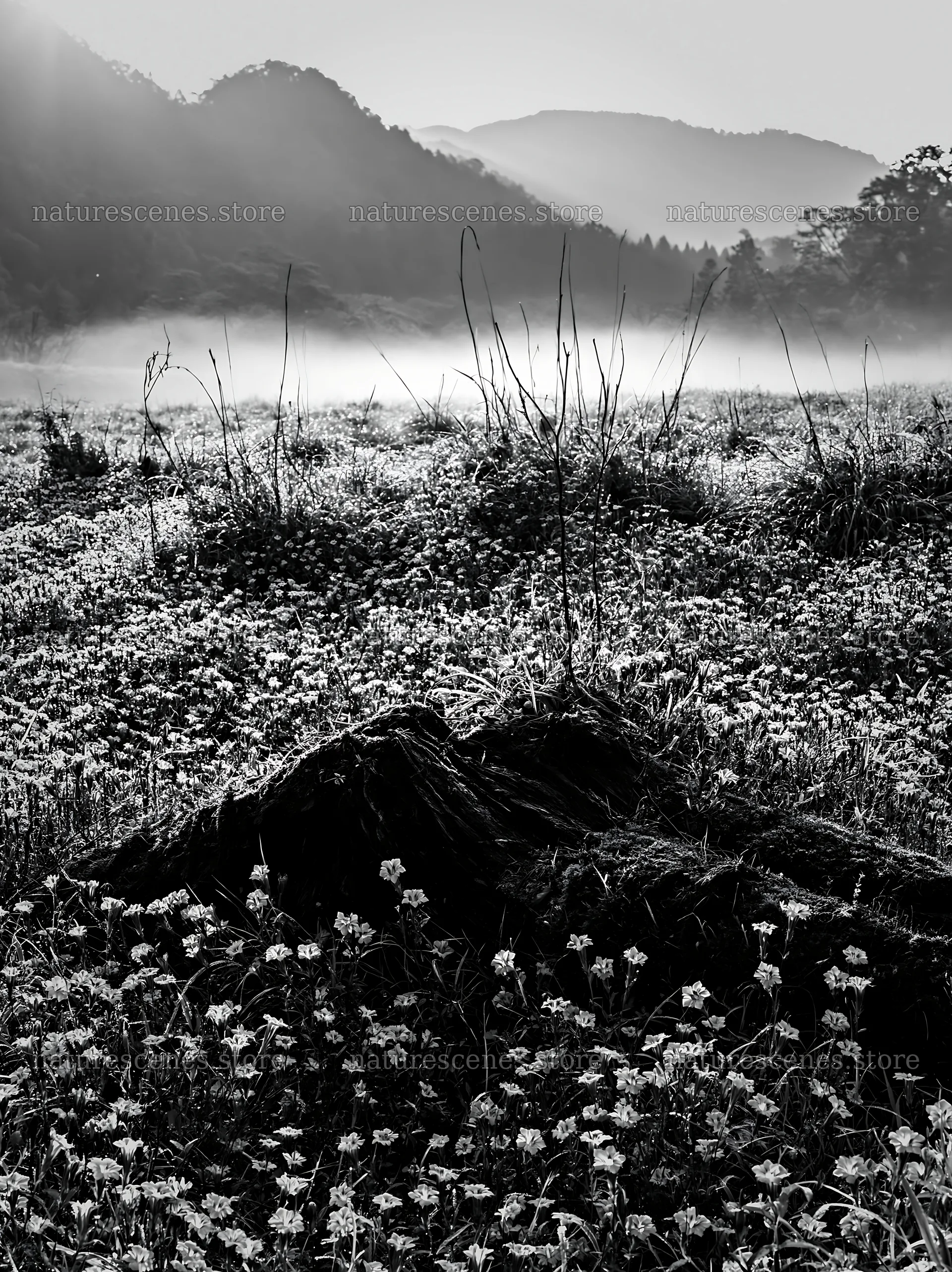 Mossy log surrounded by flowers in Gifu low carbon meadow – nature scenes 6866x9174