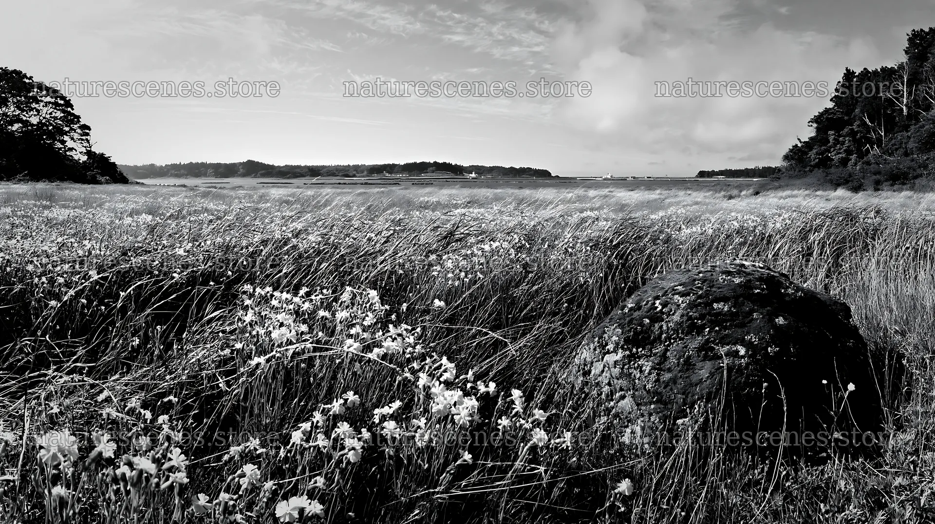 Miyagi spring recovery meadow mossy stone with flowers and grass – nature scenes 10608x5938