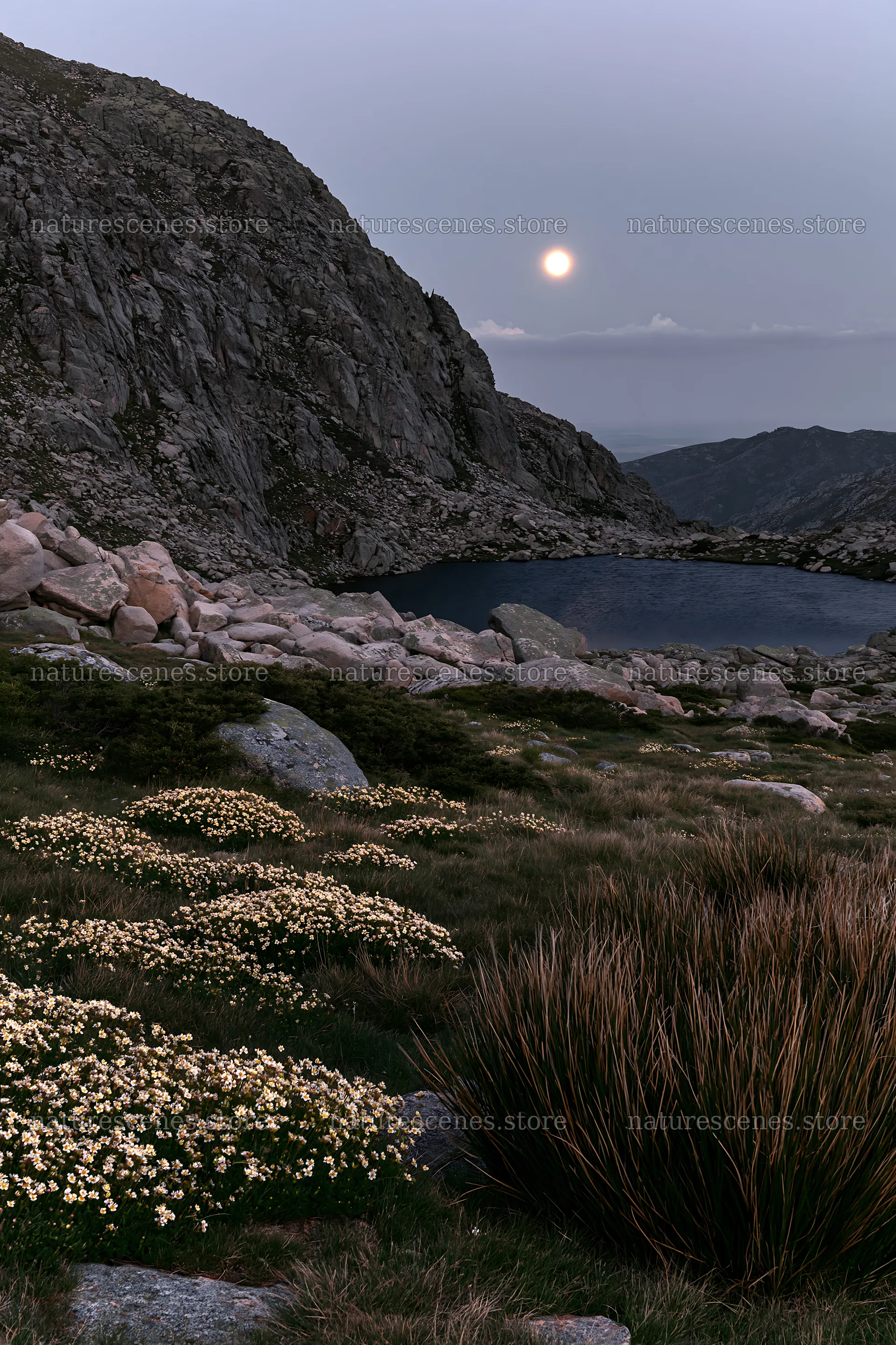 Moonlit meadow with flowers near mountain lake – nature scenes 6480x9722
