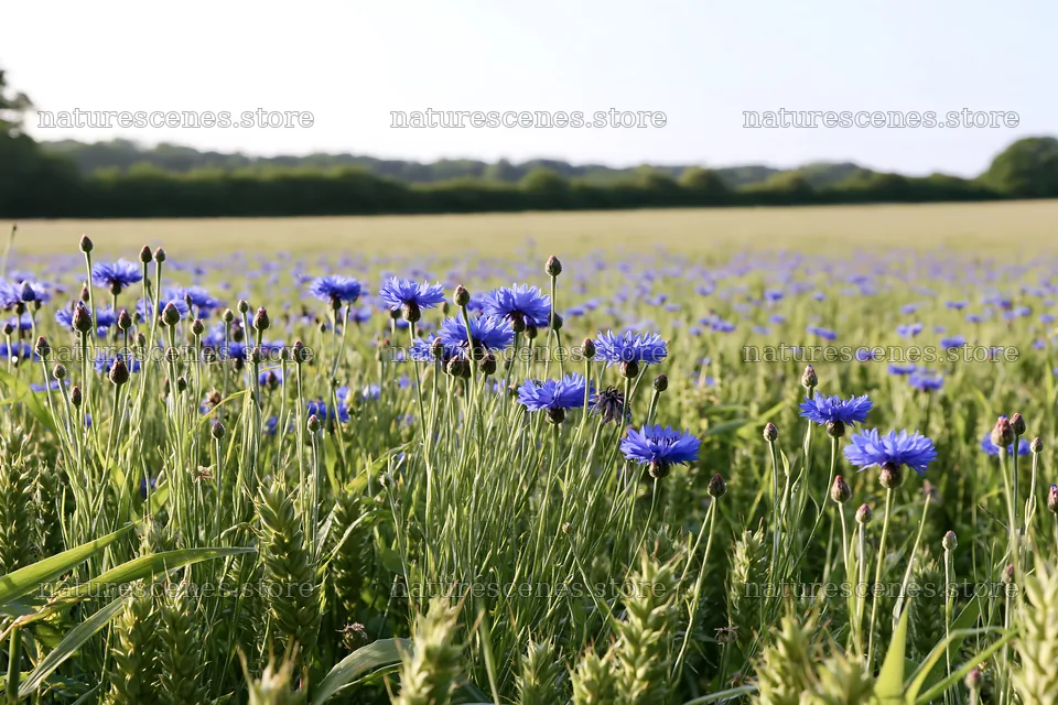 Cornflower meadow with blue flowers in field under clear sky – nature scenes 9722x6480