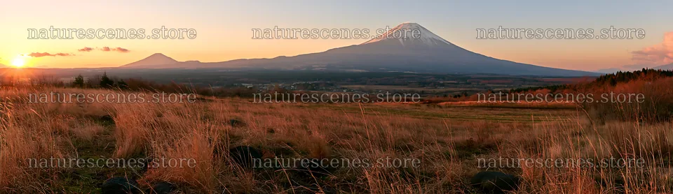 Yamanashi regenerative meadow with basalt stones at sunset – nature scenes 14762x4268