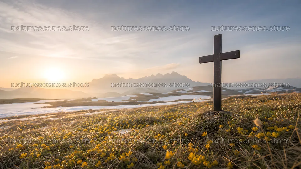 Christian cross in winter mountain meadow at sunset – nature scenes 10584x5952