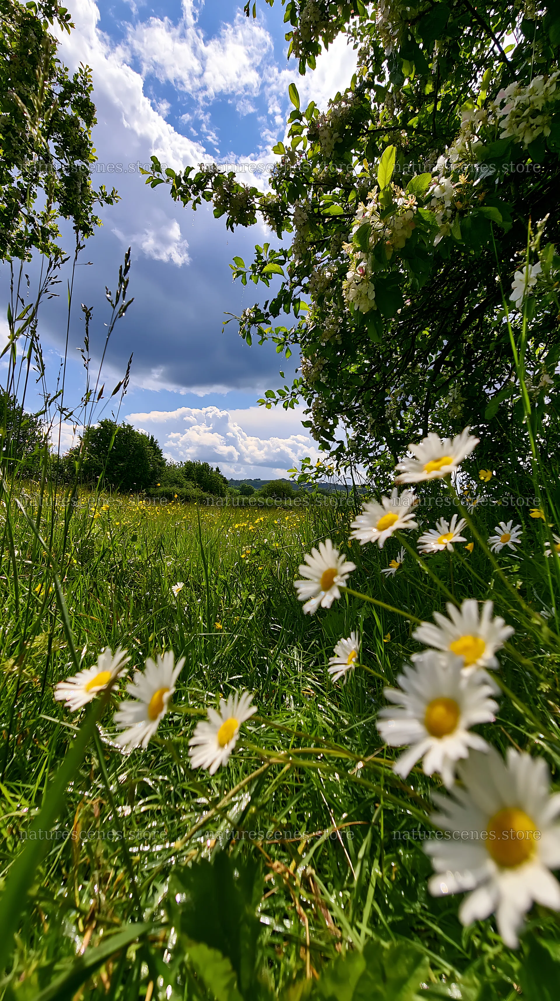 Daisies in meadow under cloudy sky near apple trees – nature scenes 5938x10608