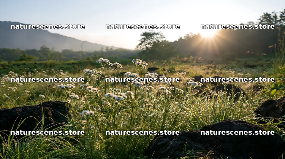 Yamanashi regenerative meadow with basalt stones and wildflowers – nature scenes 10608x5938
