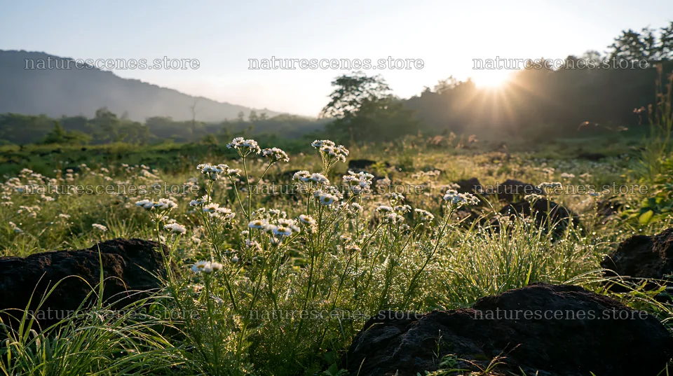 Yamanashi regenerative meadow with basalt stones and wildflowers – nature scenes 10608x5938