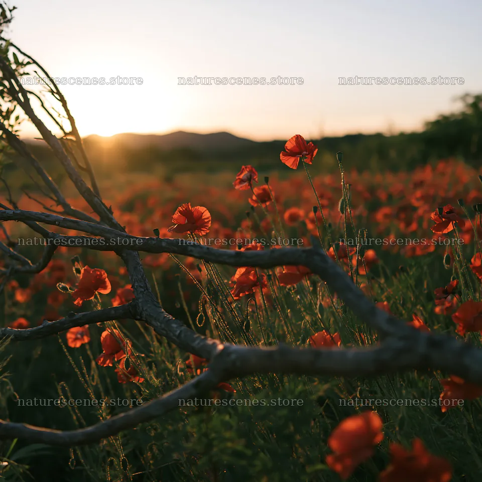 Yamagata rewilded meadow with fallen branch and red flowers – nature scenes 7938x7938