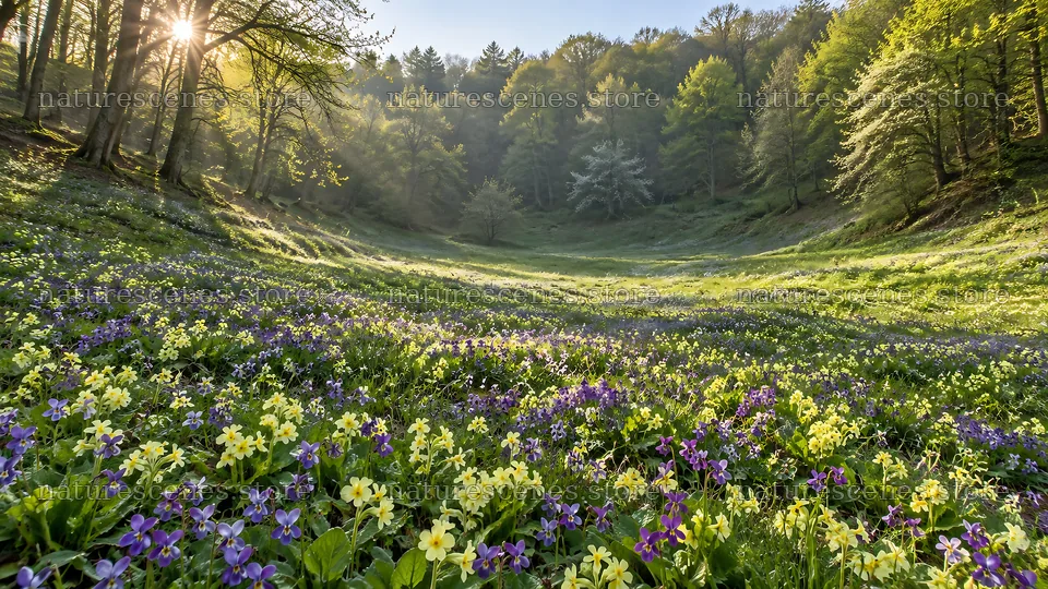 Sunlit Woodland Clearing with Spring Wildflowers – nature scenes 10331x5808