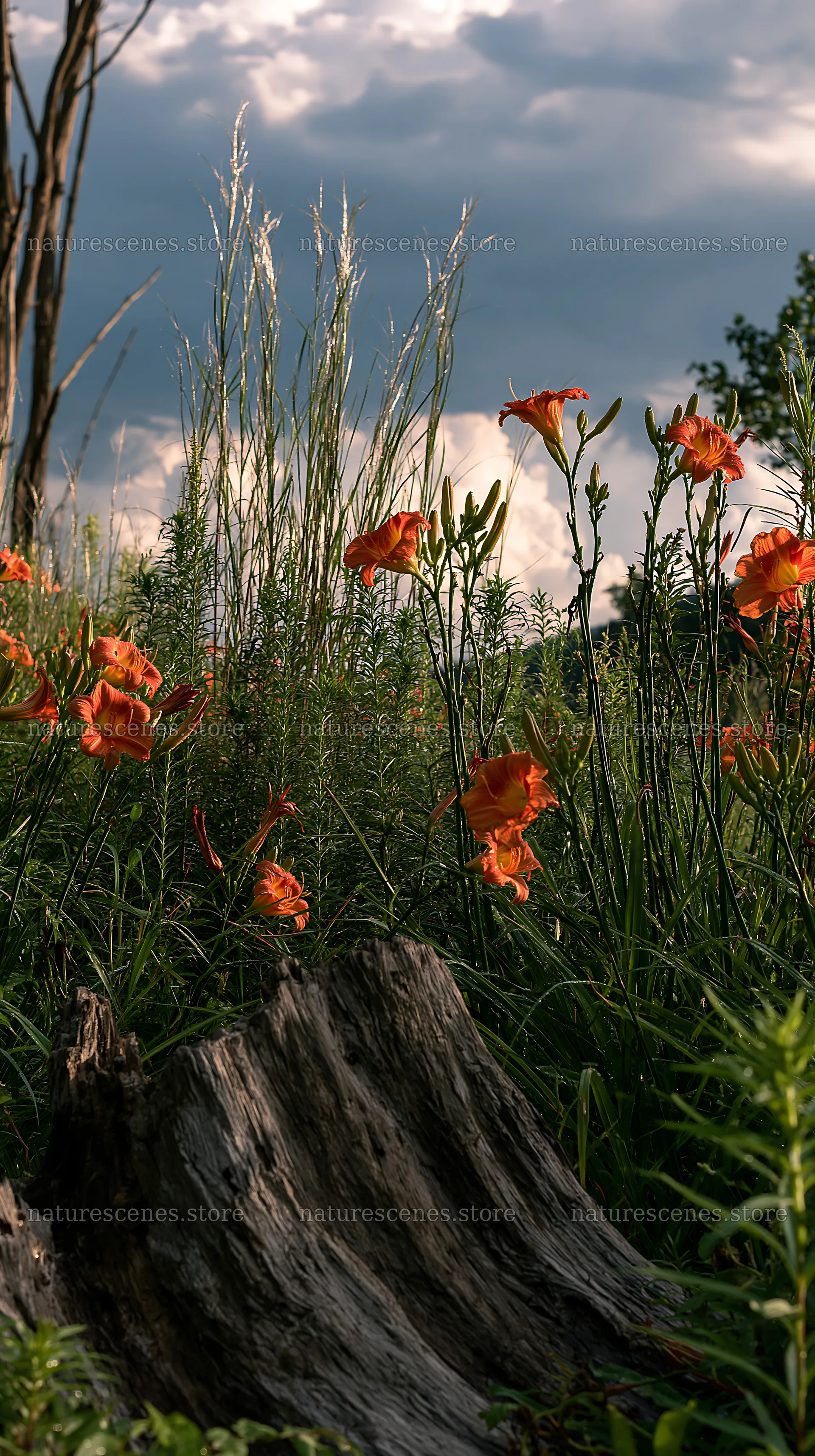 Fukushima native meadow with weathered stump and orange flowers – nature scenes 5938x10608
