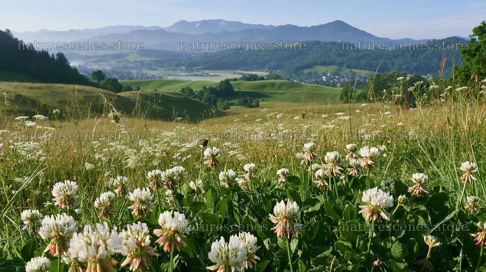 Rolling valley meadows with wildflowers and distant mountains – nature scenes 10608x5938
