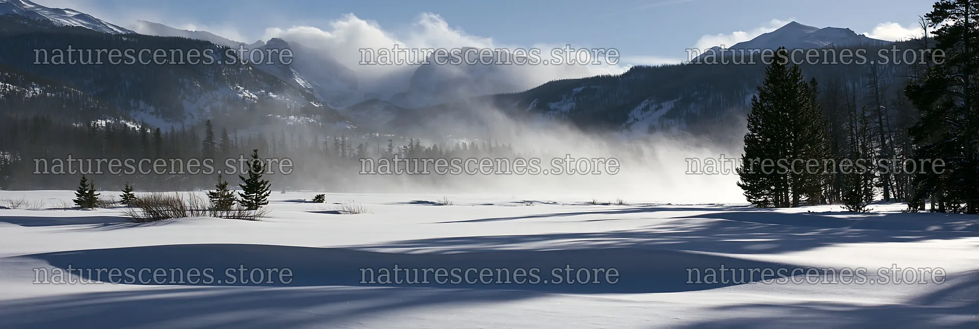 Snowy meadow in Rocky Mountain Park under clear sky – nature scenes 13690x4602