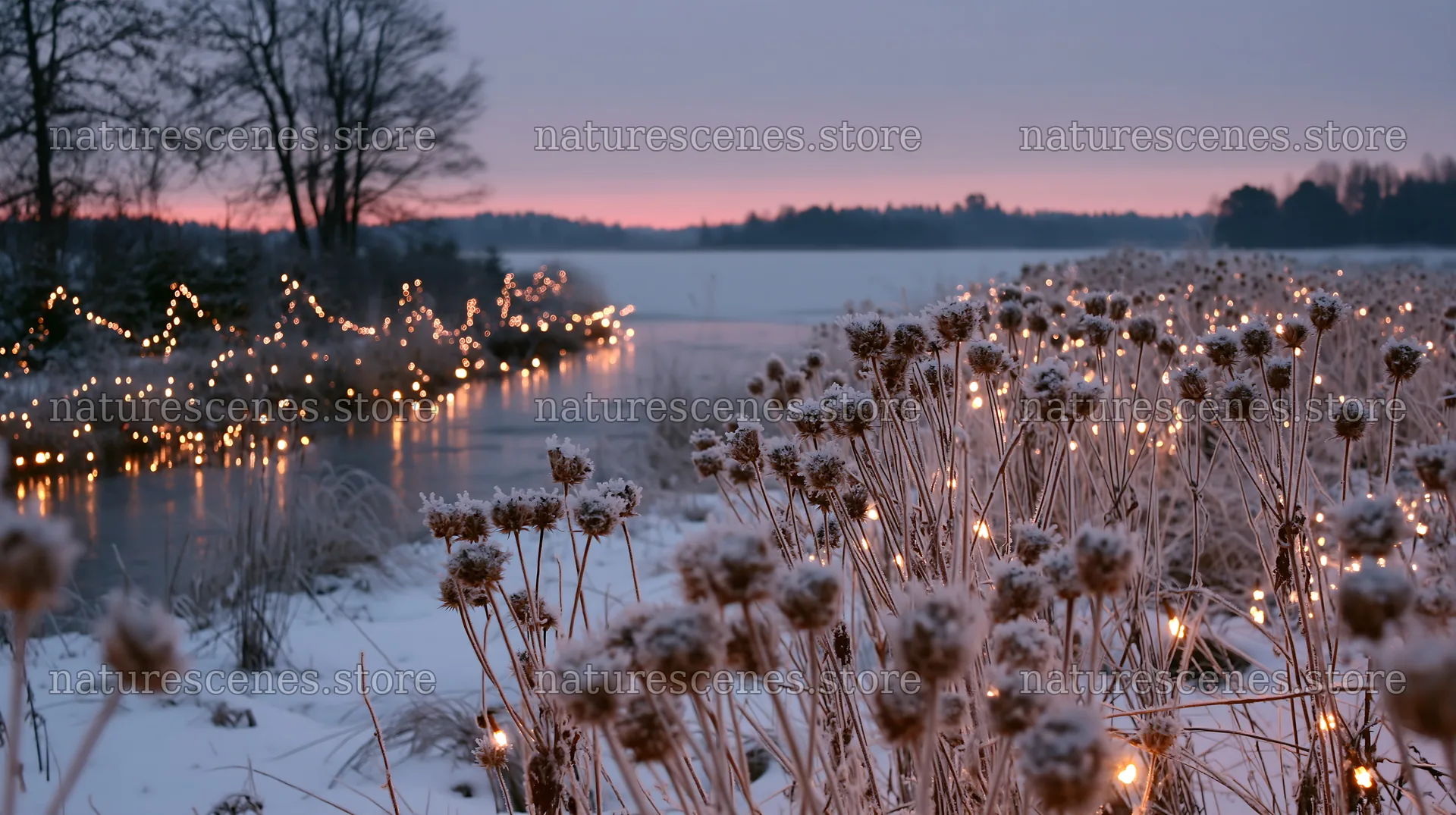 Vast Christmas meadow with frost seedheads and lanterns – nature scenes 10608x5938
