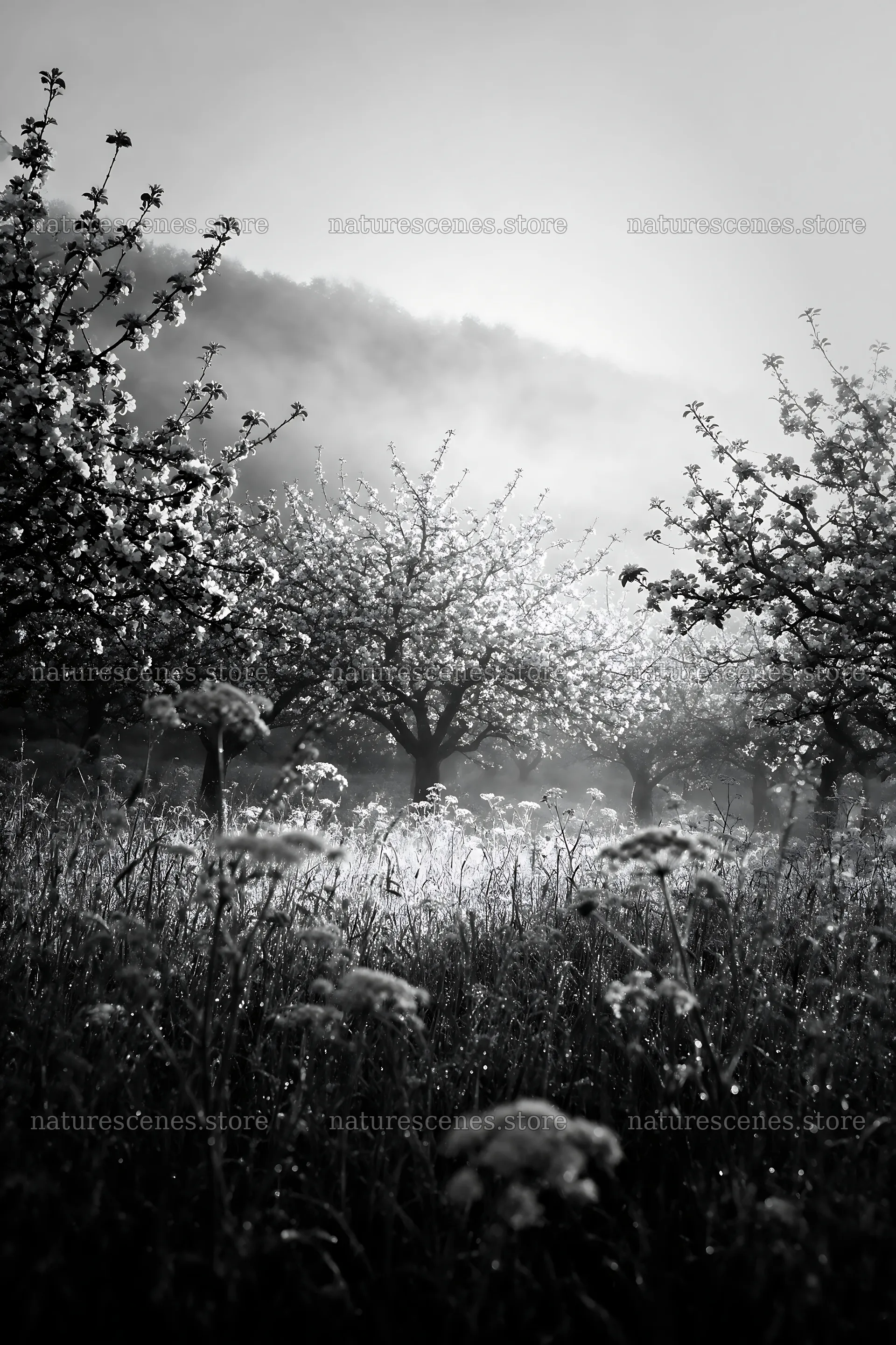 Apple blossom meadow with morning light and fog – nature scenes 6480x9722