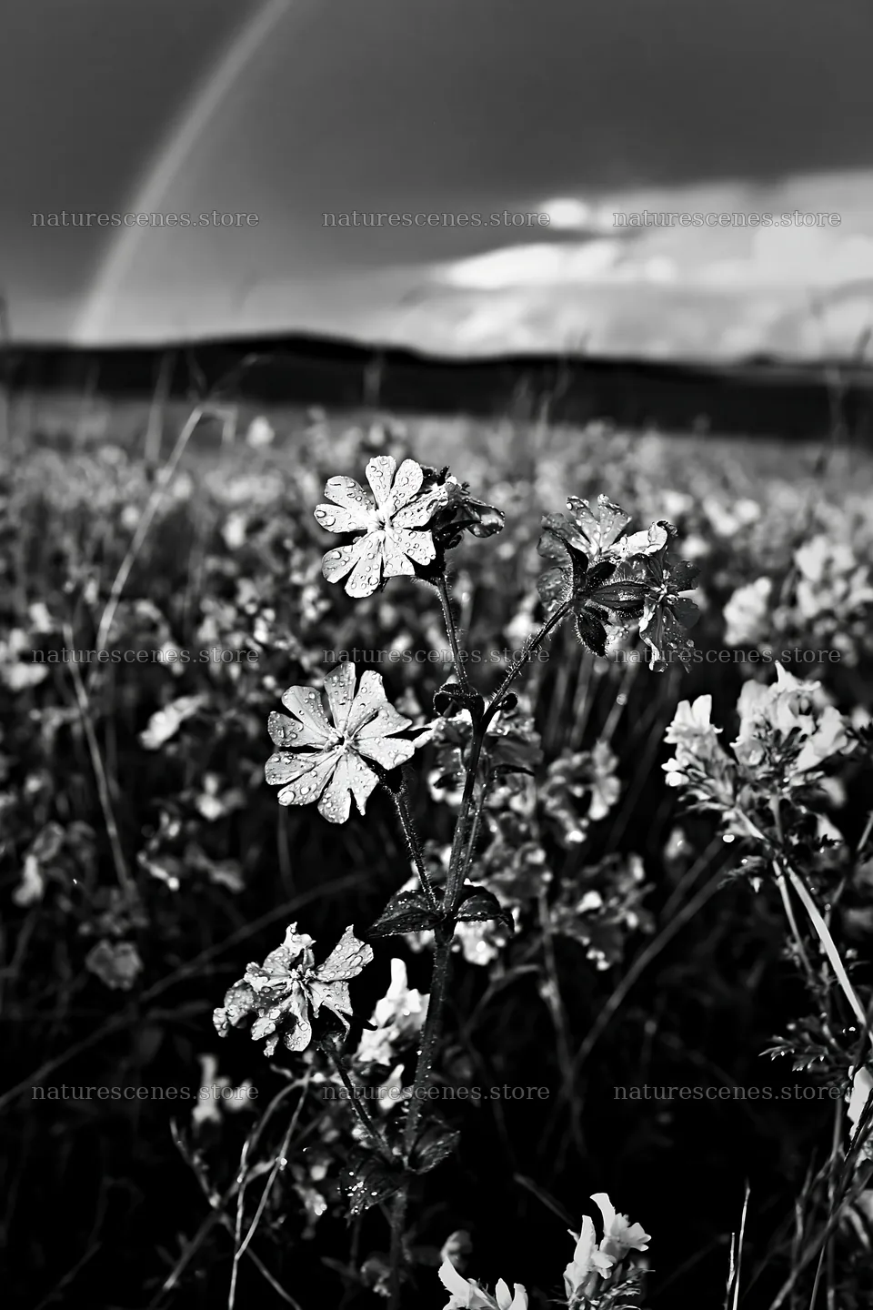 Meadow with campion flowers under a cloudy sky – nature scenes 6480x9722