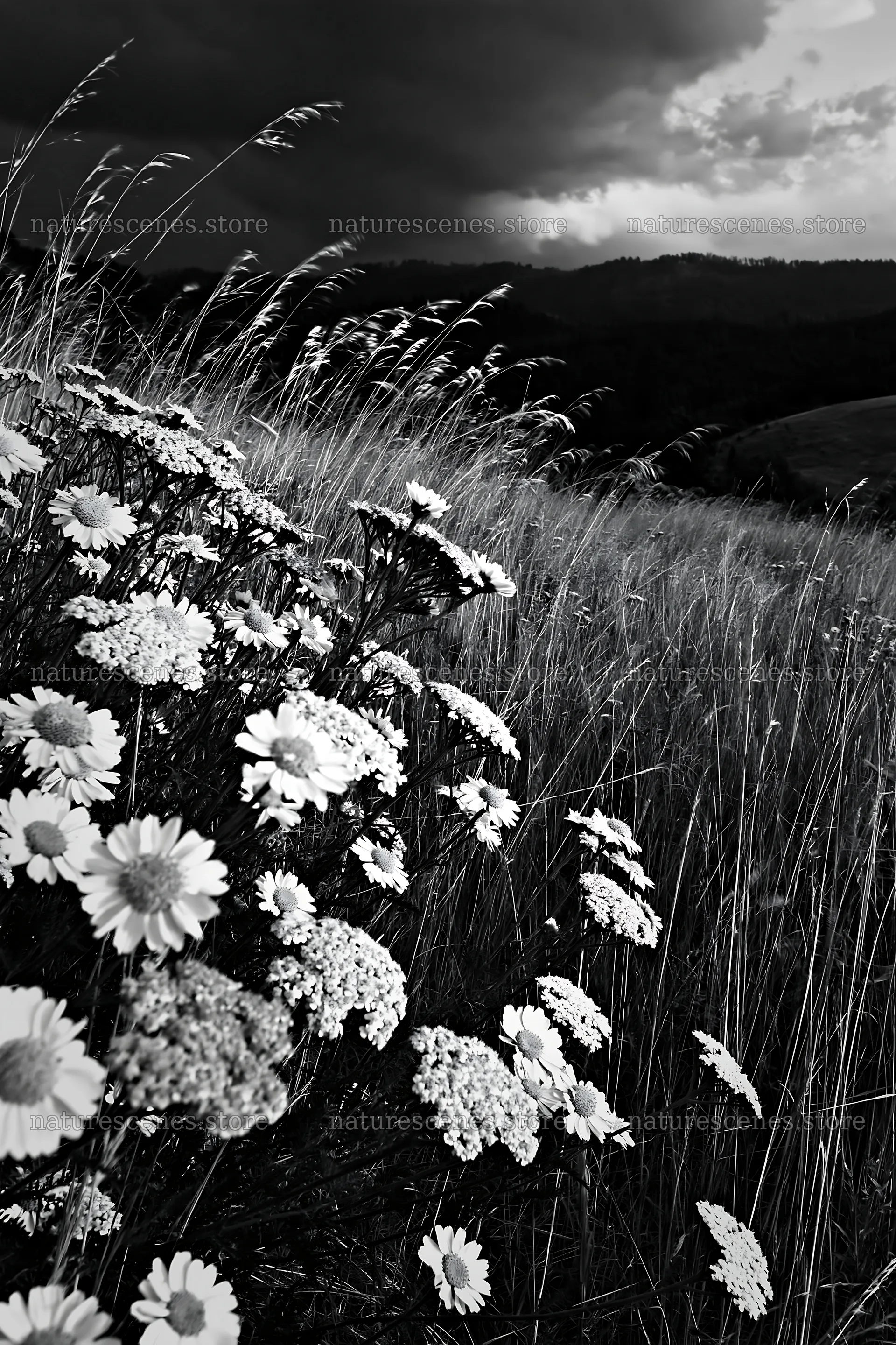 Yarrow meadow bloom under dark stormy sky – nature scenes 6480x9722