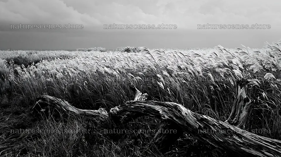 Chiba coastal climate meadow with driftwood in foreground – nature scenes 10608x5938