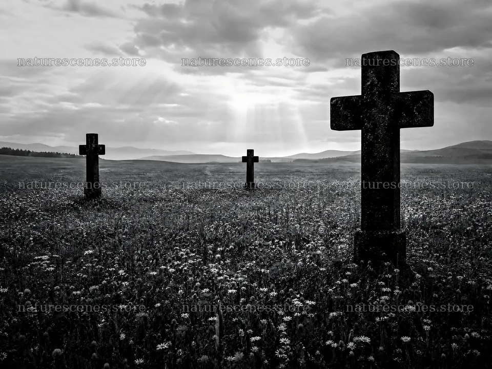 Christian crosses in meadow with light rays shining down – nature scenes 9166x6874