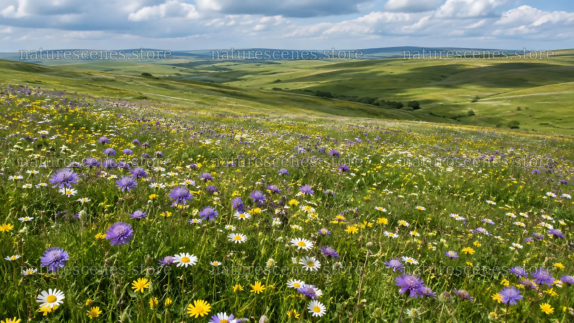 Colorful Wildflowers on Rolling Green Hills – nature scenes 10324x5812