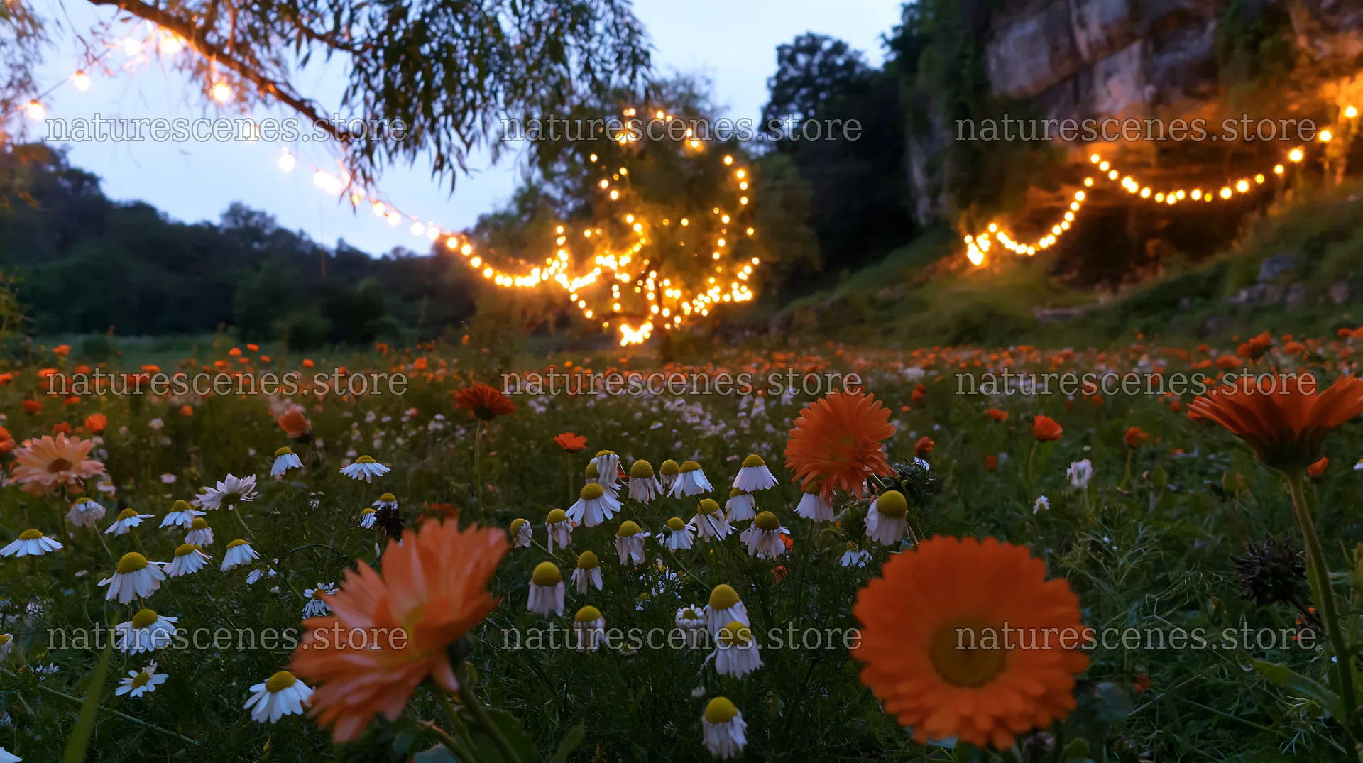 Christmas lights in meadow near cave at dusk – nature scenes 10608x5938