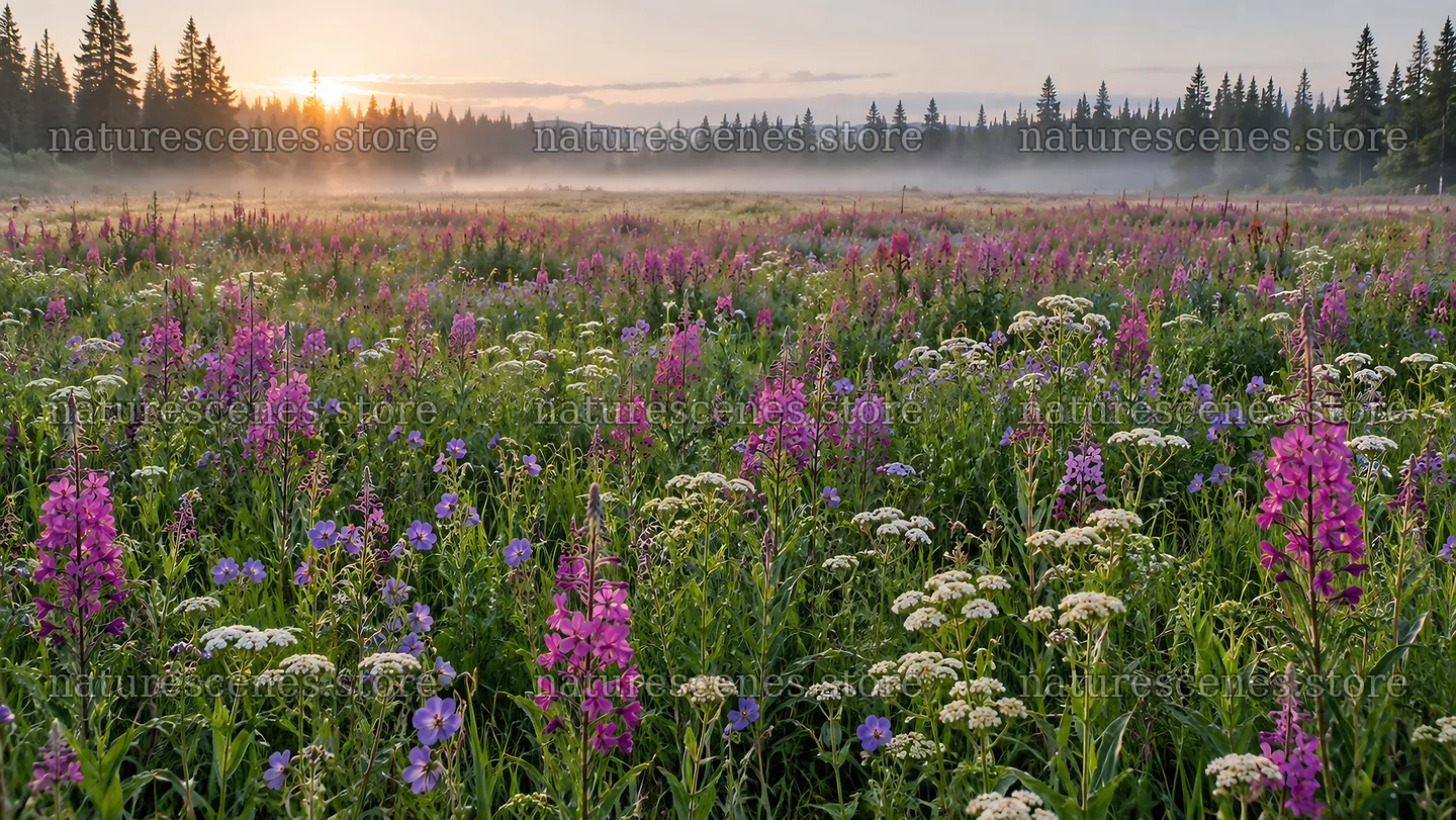 Wildflower Meadow in Morning Mist at Sunrise – nature scenes 10324x5812