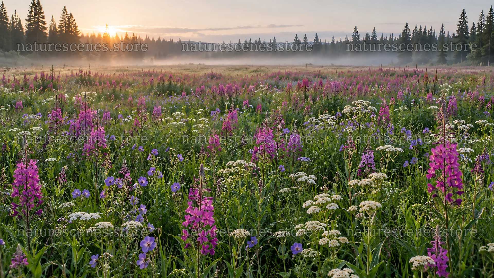 Wildflower Meadow in Morning Mist at Sunrise – nature scenes 10324x5812